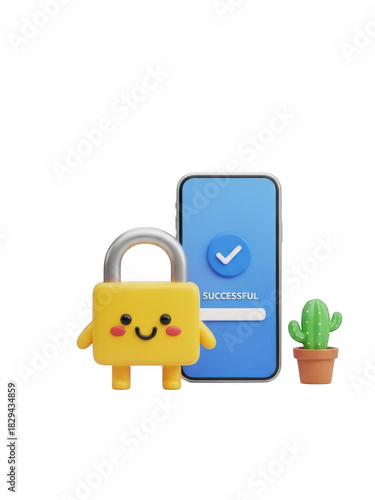 Cute 3d yellow padlock character with happy face next to smartphone showing successful login isolated on transparent background
