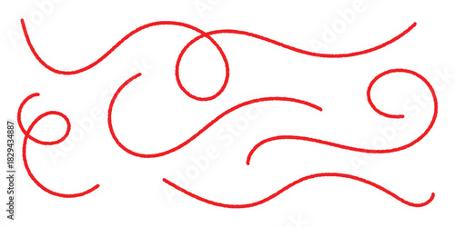 A hand-drawn red thread stroke with loops symbolizing stitching and artistry, suitable for tailoring logos, fabric packaging, and craft-related digital designs.
