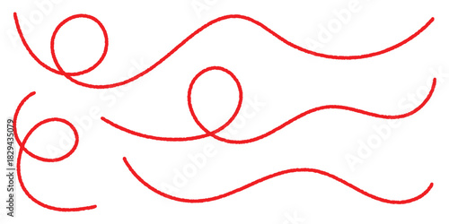 A hand-drawn red thread stroke with loops symbolizing stitching and artistry, suitable for tailoring logos, fabric packaging, and craft-related digital designs.