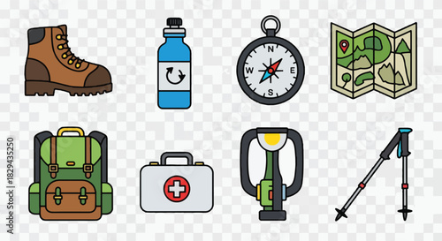 Hiking equipment icons with transparent background