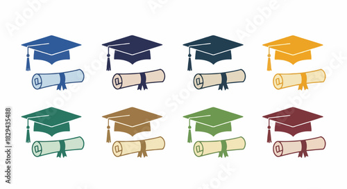 Graduation cap and diploma icons in various colors