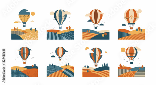 Hot air balloons over landscape scenery with sun