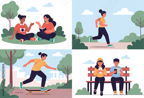 Four diverse young people enjoying outdoor recreational activities in a park setting on a sunny day