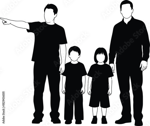 Two fathers with their two young children standing together in a stylized silhouette against a white background