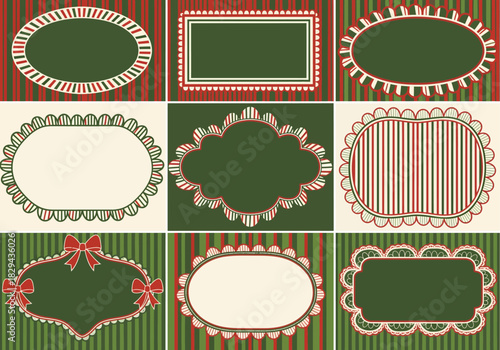Collection of nine ornate decorative vintage frames and borders in various shapes and styles with festive christmas holiday colors