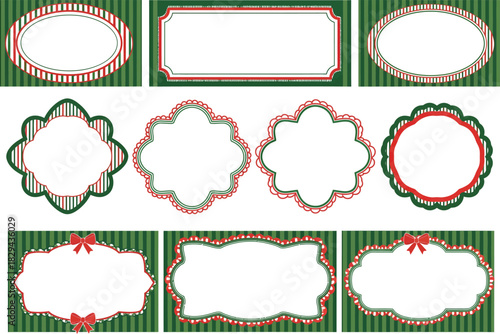 Collection of nine festive christmas themed decorative ornate frames and borders with red green and gold accents on striped background