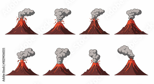 Volcano eruptions in various stages with transparent background