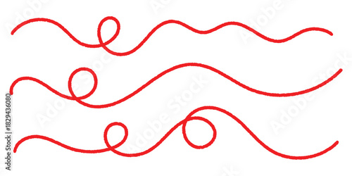 Curled red thread stroke symbolizing creativity and handcraft work, perfect for sewing graphics, embroidery layouts, fashion branding, and playful design accents.
