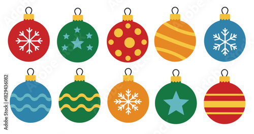 collection of ten colorful christmas ornaments with various