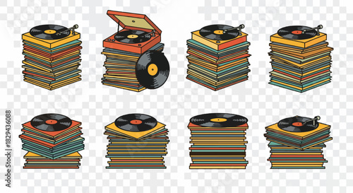 Record player and stacked vinyl records with transparent background