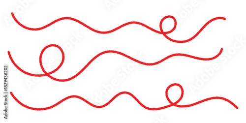 Red thread forming soft waves and loops, ideal for textile-themed designs, craft projects, sewing illustrations, handmade branding, and creative decorative dividers. Vector illustration. EPS 10