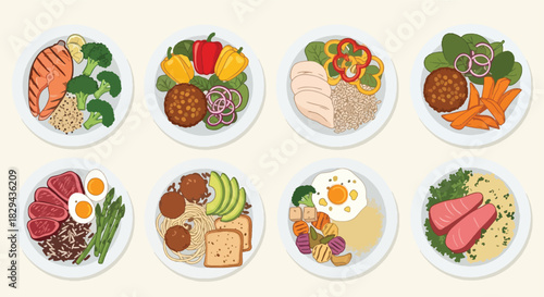 Healthy meals on plates with various ingredients