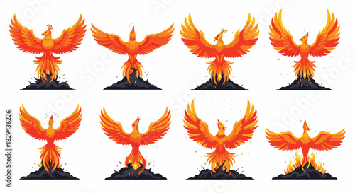 Phoenix bird rising from flames with transparent background
