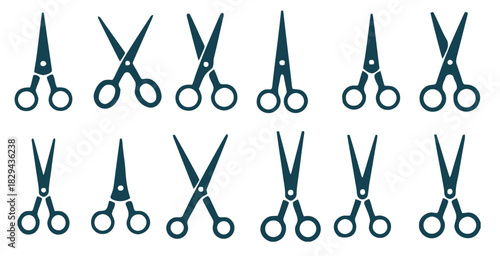 Collection of various dark teal scissors icons arranged in two rows on a white background