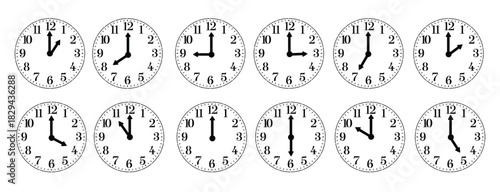 Collection of twelve analog clocks showing each hour from one to twelve