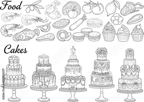 Elegant black and white artistic illustration of various decorative cakes and desserts for celebrations and events