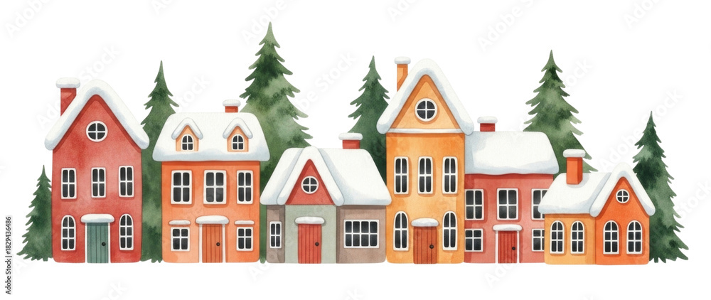 Naklejka premium Watercolor christmas village scene transparent background cutout png