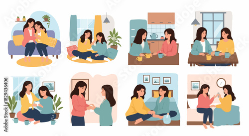 Two women comforting each other at home