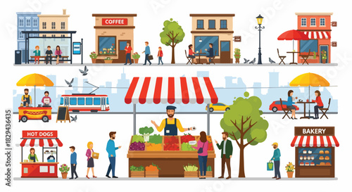 City street scene with shops, cafe, and tram