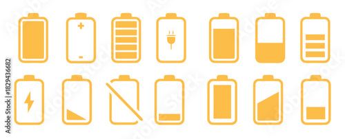 Collection of yellow battery icons showing different charge levels and states on a blue background
