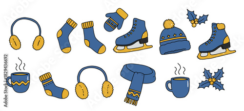 collection of winter clothing and accessories for cold