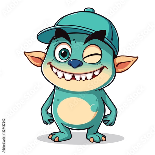 Friendly teal cartoon monster character winking wearing a cap