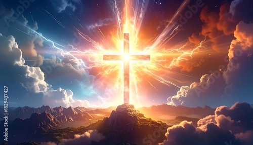Glowing cross atop a hill with radiant light, set against a sky of clouds and mountains