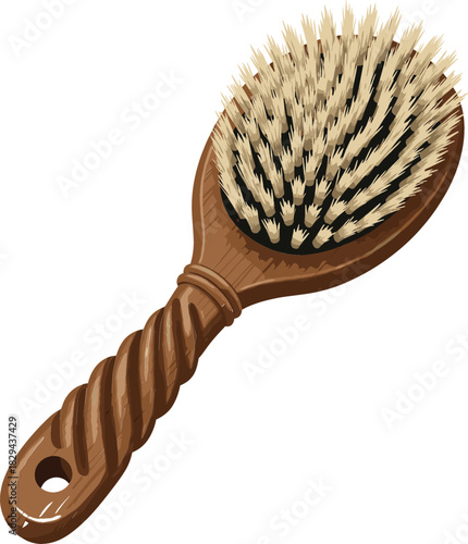 Vintage wooden hairbrush vector illustration featuring natural boar bristles and a rustic twisted handle for beauty, spa, and hair care concepts.