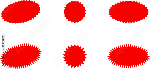 Red and yellow shopping labels collection. Sale or discount sticker. Starburst red sticker set. Special offer price tag. Supermarket promotional badge. Promo stickers with star edges. Vector, PNG