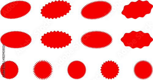 Red and yellow shopping labels collection. Sale or discount sticker. Starburst red sticker set. Special offer price tag. Supermarket promotional badge. Promo stickers with star edges. Vector, PNG