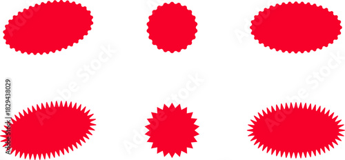 Red and yellow shopping labels collection. Sale or discount sticker. Starburst red sticker set. Special offer price tag. Supermarket promotional badge. Promo stickers with star edges. Vector, PNG