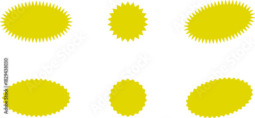 Red and yellow shopping labels collection. Sale or discount sticker. Starburst red sticker set. Special offer price tag. Supermarket promotional badge. Promo stickers with star edges. Vector, PNG