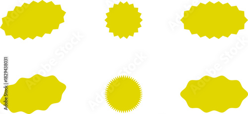 Red and yellow shopping labels collection. Sale or discount sticker. Starburst red sticker set. Special offer price tag. Supermarket promotional badge. Promo stickers with star edges. Vector, PNG