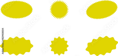 Red and yellow shopping labels collection. Sale or discount sticker. Starburst red sticker set. Special offer price tag. Supermarket promotional badge. Promo stickers with star edges. Vector, PNG