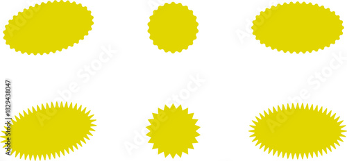 Red and yellow shopping labels collection. Sale or discount sticker. Starburst red sticker set. Special offer price tag. Supermarket promotional badge. Promo stickers with star edges. Vector, PNG