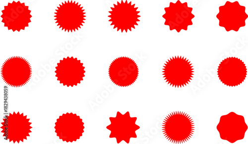 Red and yellow shopping labels collection. Sale or discount sticker. Starburst red sticker set. Special offer price tag. Supermarket promotional badge. Promo stickers with star edges. Vector, PNG