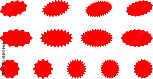 Red and yellow shopping labels collection. Sale or discount sticker. Starburst red sticker set. Special offer price tag. Supermarket promotional badge. Promo stickers with star edges. Vector, PNG