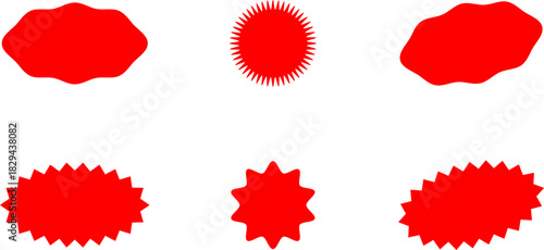 Red and yellow shopping labels collection. Sale or discount sticker. Starburst red sticker set. Special offer price tag. Supermarket promotional badge. Promo stickers with star edges. Vector, PNG