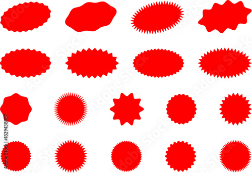 Red and yellow shopping labels collection. Sale or discount sticker. Starburst red sticker set. Special offer price tag. Supermarket promotional badge. Promo stickers with star edges. Vector, PNG