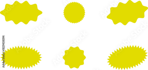 Red and yellow shopping labels collection. Sale or discount sticker. Starburst red sticker set. Special offer price tag. Supermarket promotional badge. Promo stickers with star edges. Vector, PNG