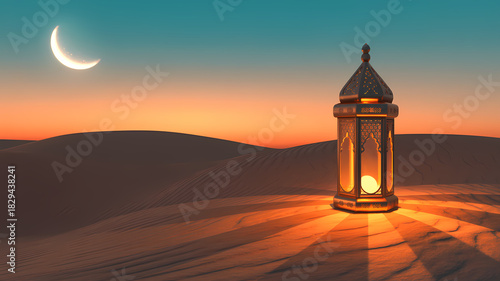 Fototapeta Naklejka Na Ścianę i Meble -  glowing ramadan lantern in desert dunes with crescent moon at sunset