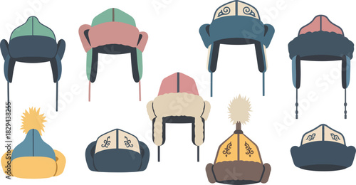 Collection of Traditional Colorful Winter Hats with Fur and Decorative Elements