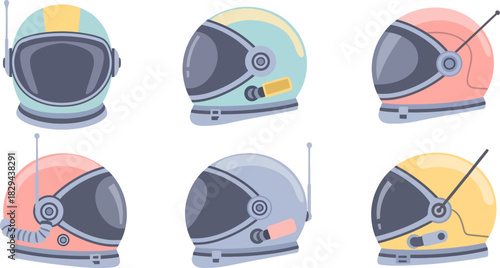 Collection of Retro Space Helmets in Pastel Colors for Science Fiction and Cosplay