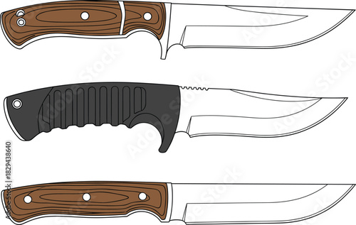 Collection of three detailed fixed-blade hunting and survival knives with different handle designs, including wood and tactical grip, ideal for camping, outdoor adventure, military, and utility themes