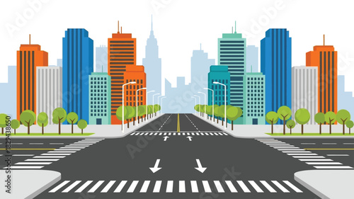 A vibrant cityscape with a long road leading to the skyline