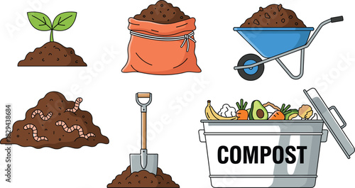Composting and gardening vector icon set featuring organic compost bin with kitchen scraps, fertile soil, earthworms, wheelbarrow, sprout, and shovel for recycling, agriculture, and ecology themes