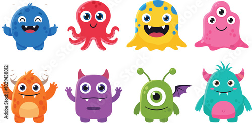 Mega collection of eight adorable cartoon monster characters in various vibrant colors and shapes, including octopus, cyclops, and horned beasts, perfect for children's games and party invitations