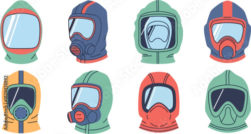 Collection of Colorful Protective Helmets with Visors and Masks for Safety or Sports