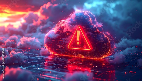 Glowing digital cloud with a red exclamation mark icon overlayed, amidst misty clouds and grid patterns