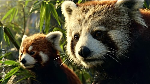 Close up of two red pandas in a lush green environment